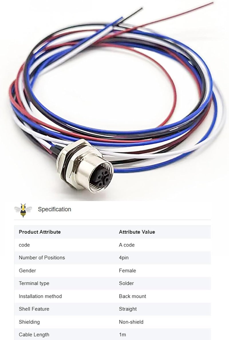 Elecbee M12 Connector 4Pin Female Bulkhead A Coded Aviation Socket Waterproof Straight Non-shield Panel Mount Receptacle with Wires 1M（3.28ft） AWG22 Power Connection Wireable Cable Industrial Round Connectors - Image 3